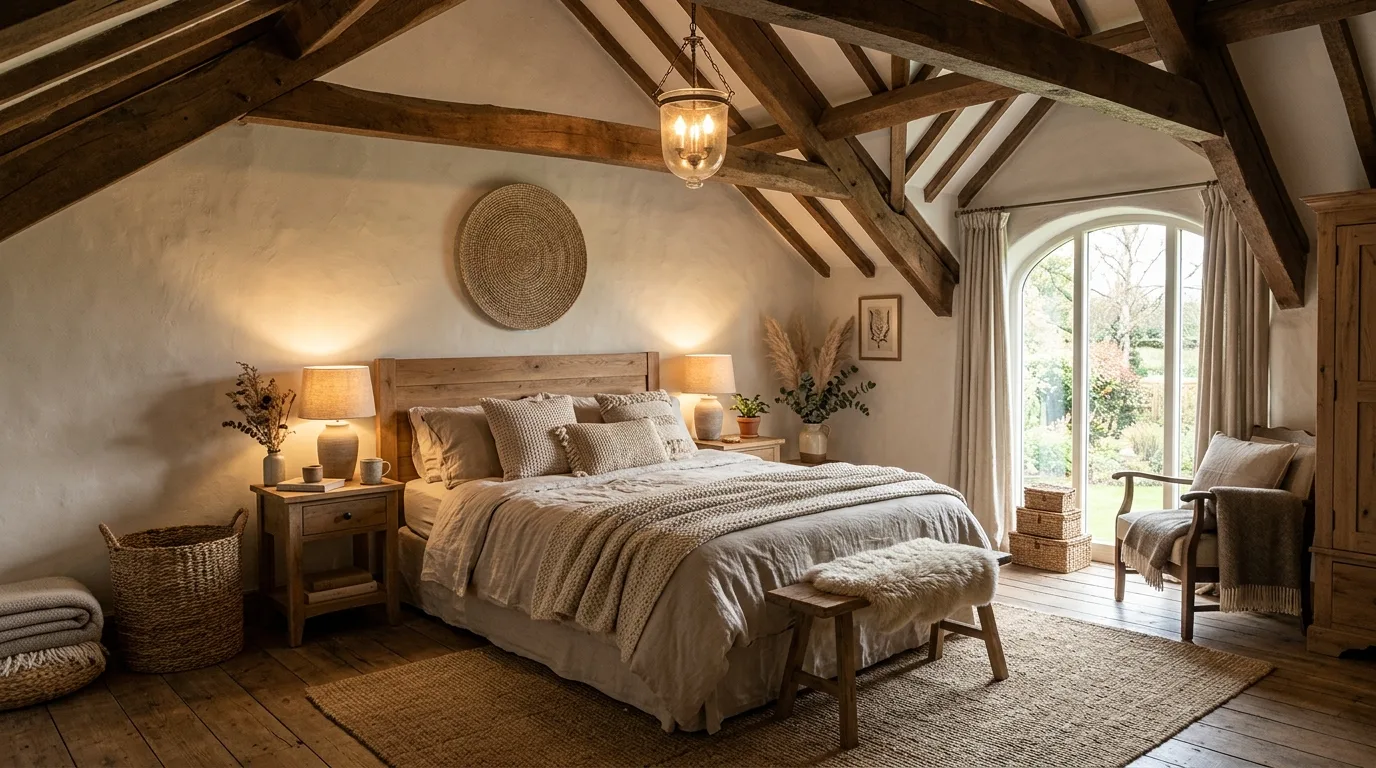 Bring in rustic wood for grounded warmth inspiration for a neutral bedroom.